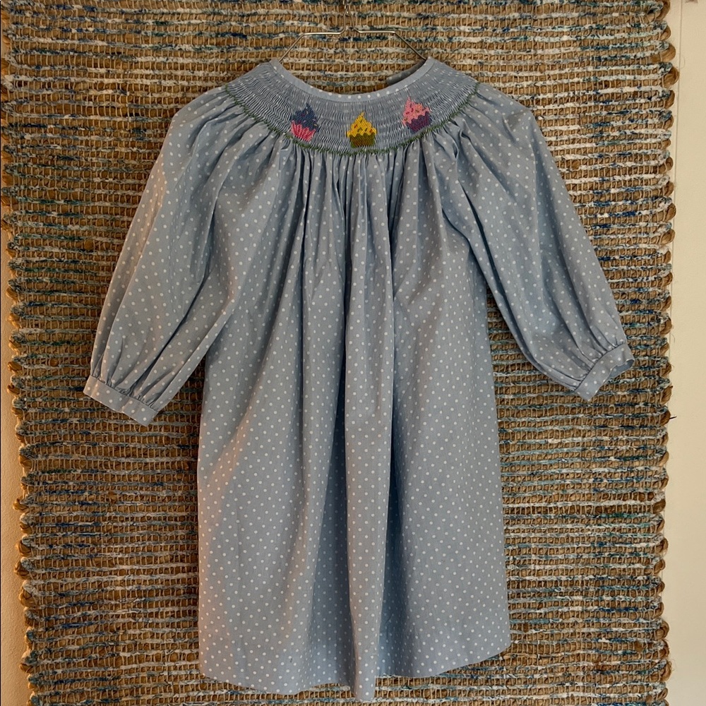 Blue Polka Dot Kids Dress with Smocked Neckline